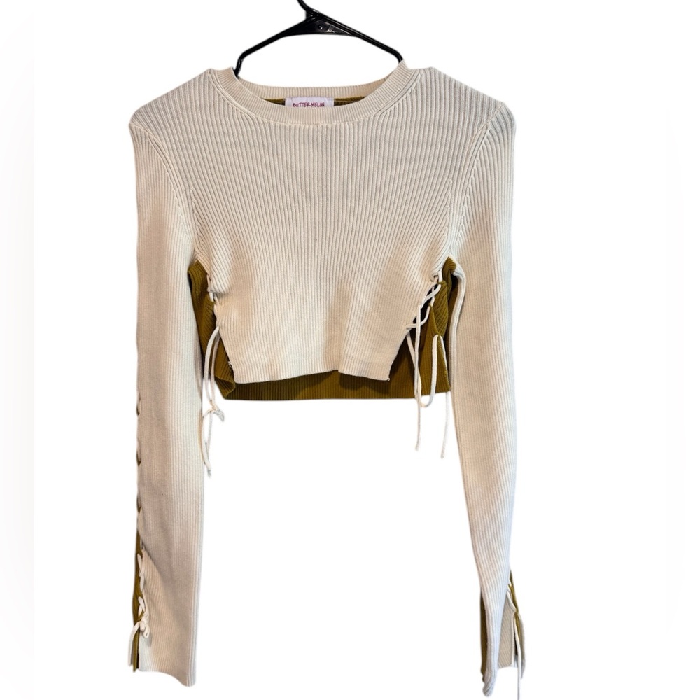 “Trendy Cream and Mustard Knit Sweater with Side Lace-Up Details”